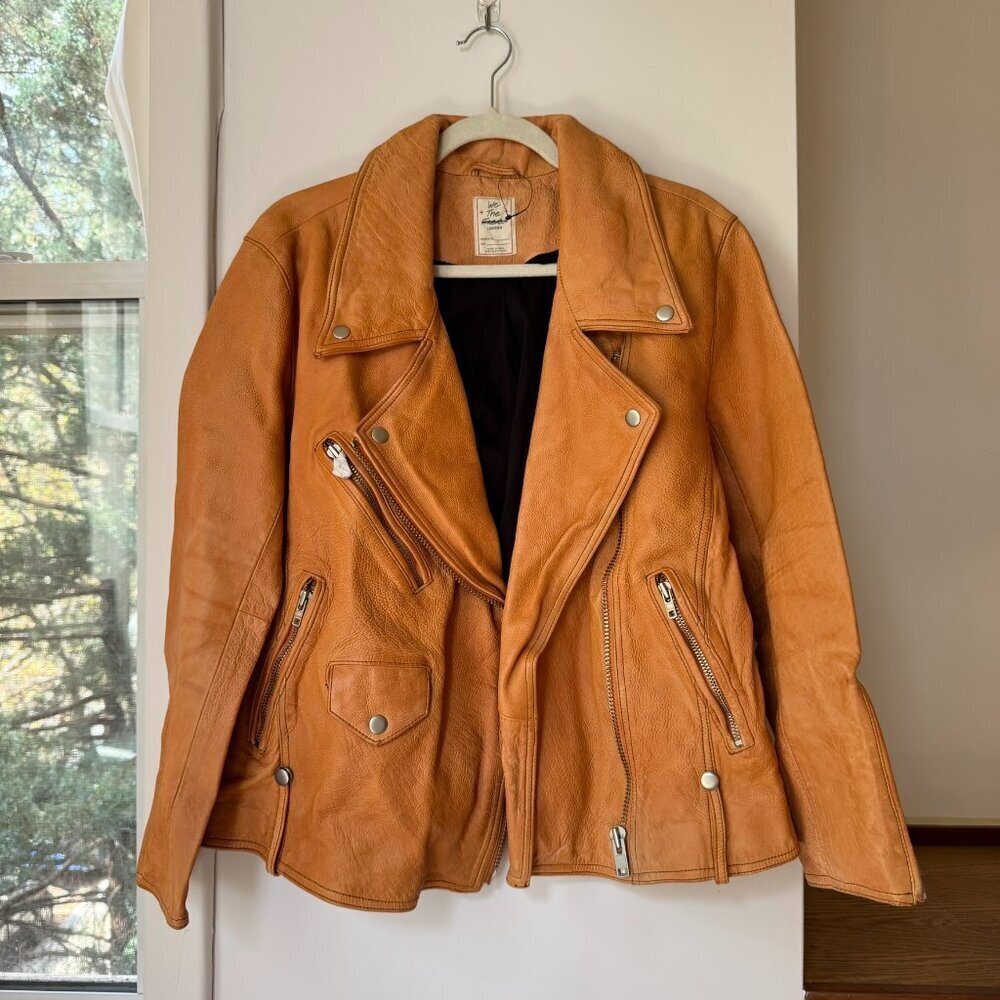 Free People Jealousy Leather Moto Jacket Orange Tan Brown Small